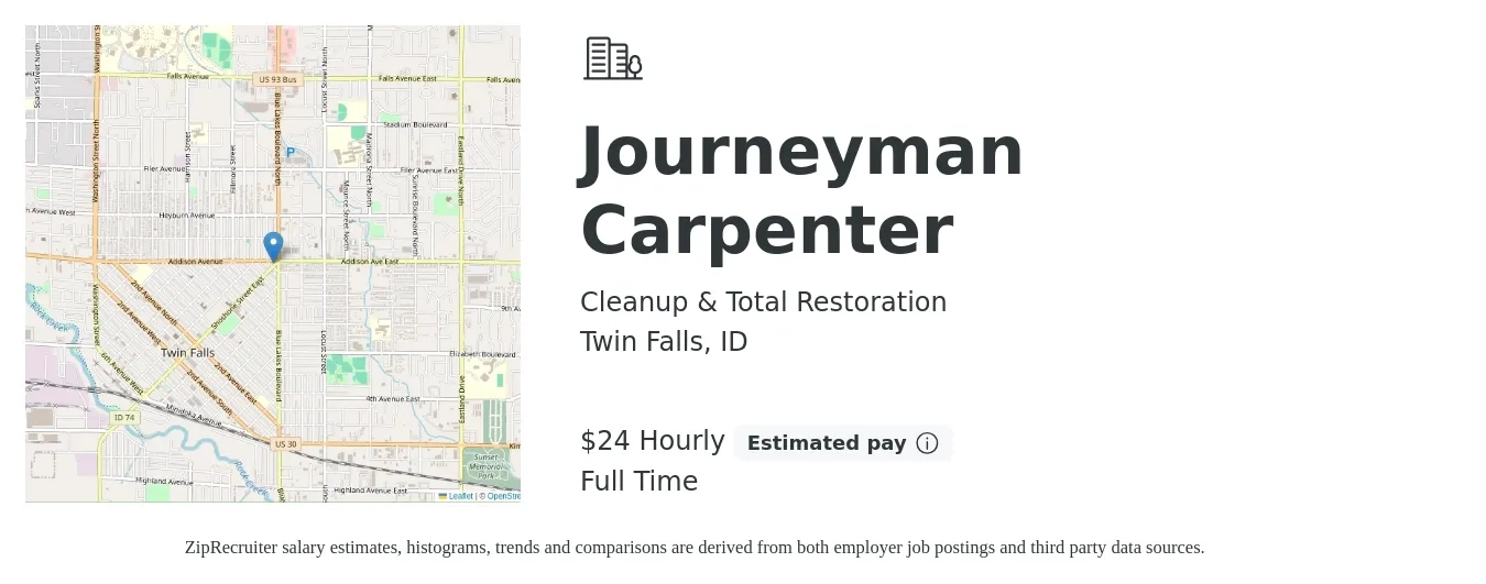 Cleanup & Total Restoration job posting for a Journeyman Carpenter in Twin Falls, ID with a salary of $25 Hourly with a map of Twin Falls location.