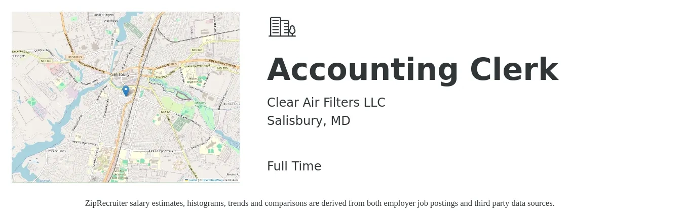 Clear Air Filters LLC job posting for a Accounting Clerk in Salisbury, MD with a salary of $18 to $24 Hourly with a map of Salisbury location.