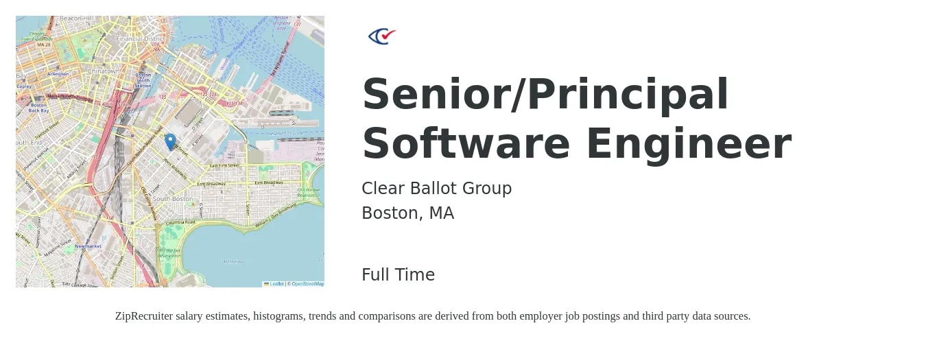 Clear Ballot Group job posting for a Senior/Principal Software Engineer in Boston, MA with a salary of $136,300 to $187,900 Yearly with a map of Boston location.