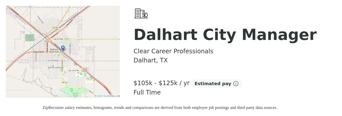 Clear Career Professionals job posting for a Dalhart City Manager in Dalhart, TX with a salary of $105,000 to $125,000 Yearly with a map of Dalhart location.