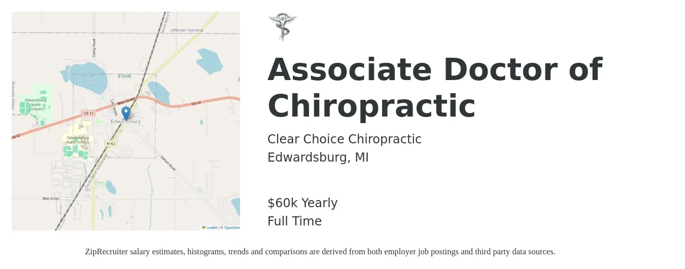 Clear Choice Chiropractic job posting for a Associate Doctor of Chiropractic in Edwardsburg, MI with a salary of $60,000 Yearly with a map of Edwardsburg location.