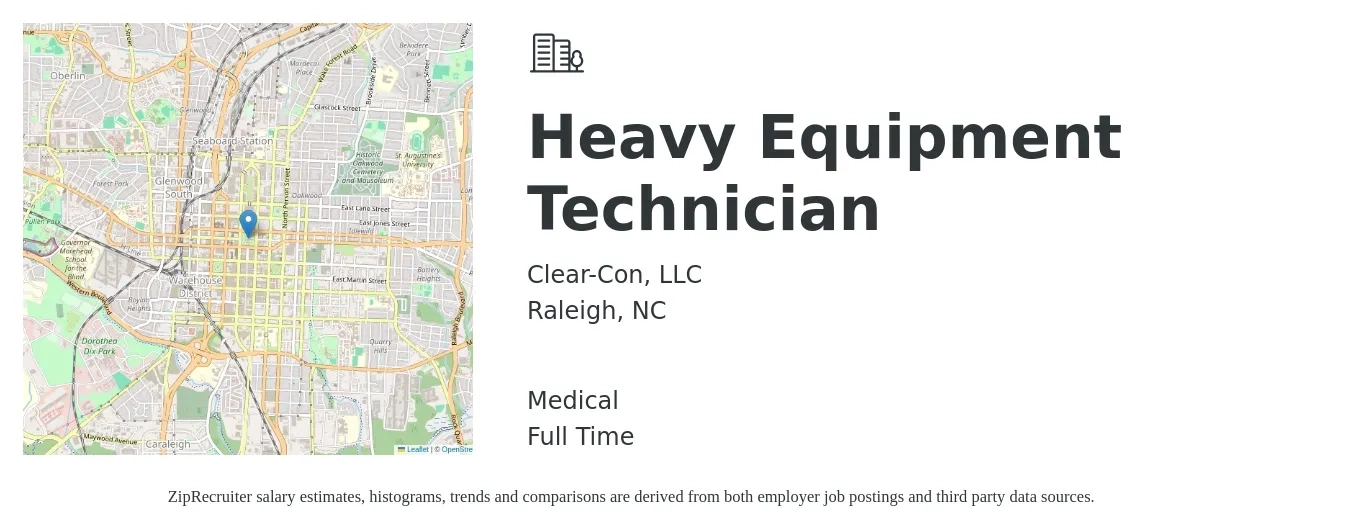 Clear-Con, LLC job posting for a Heavy Equipment Technician in Raleigh, NC with a salary of $22 to $32 Hourly and benefits including pto, and medical with a map of Raleigh location.