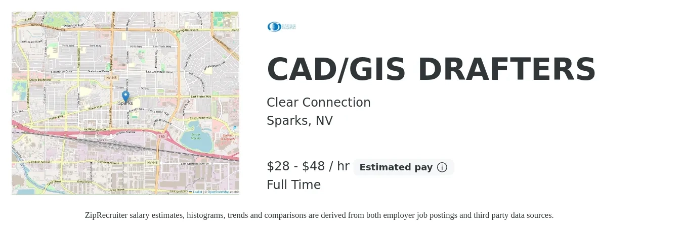 Clear Connection job posting for a CAD/GIS DRAFTERS in Sparks, NV with a salary of $30 to $50 Hourly with a map of Sparks location.