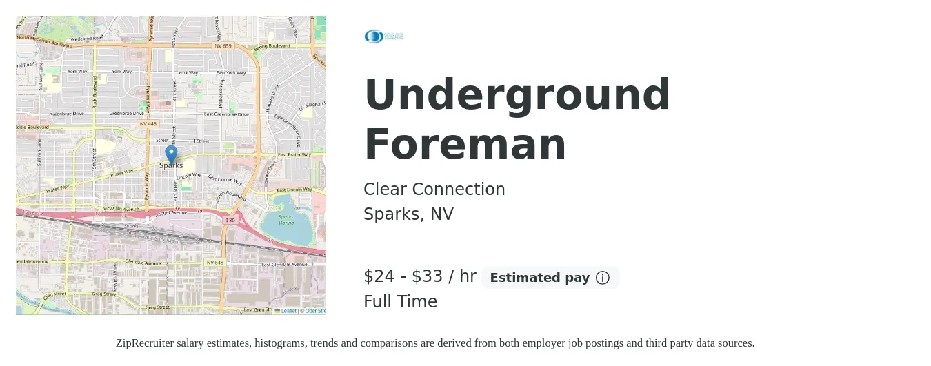 Clear Connection job posting for a Underground Foreman in Sparks, NV with a salary of $25 to $35 Hourly with a map of Sparks location.