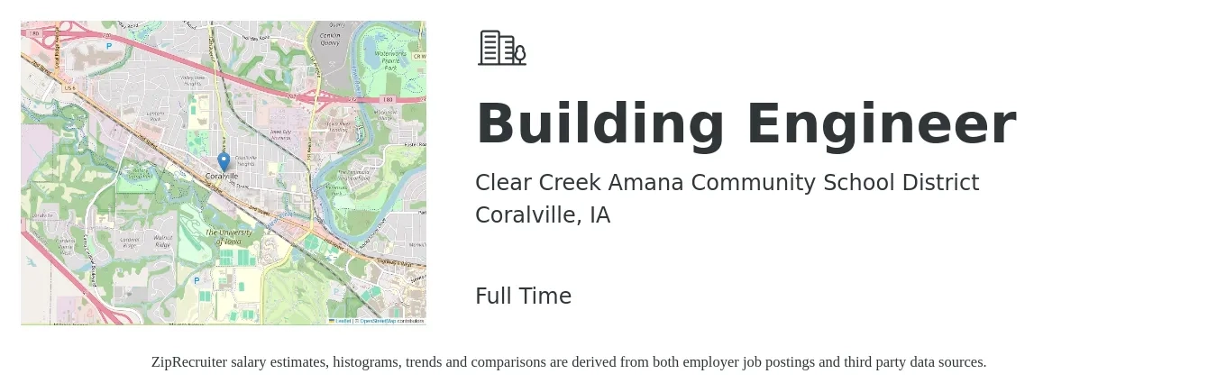 Clear Creek Amana Community School District job posting for a Building Engineer in Coralville, IA with a salary of $24 to $35 Hourly with a map of Coralville location.
