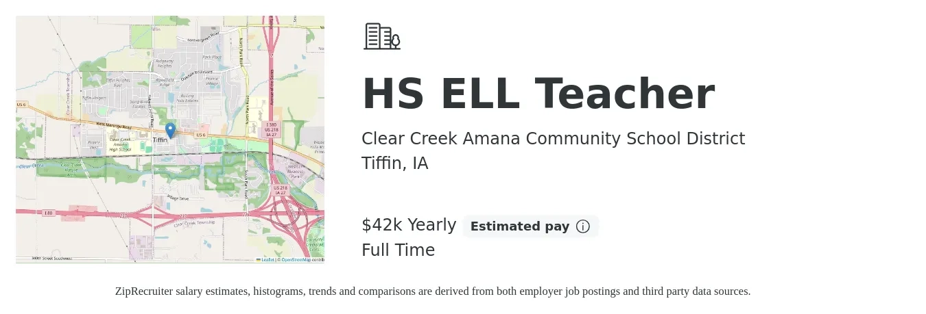 Clear Creek Amana Community School District job posting for a HS ELL Teacher in Tiffin, IA with a salary of $42,255 Yearly with a map of Tiffin location.