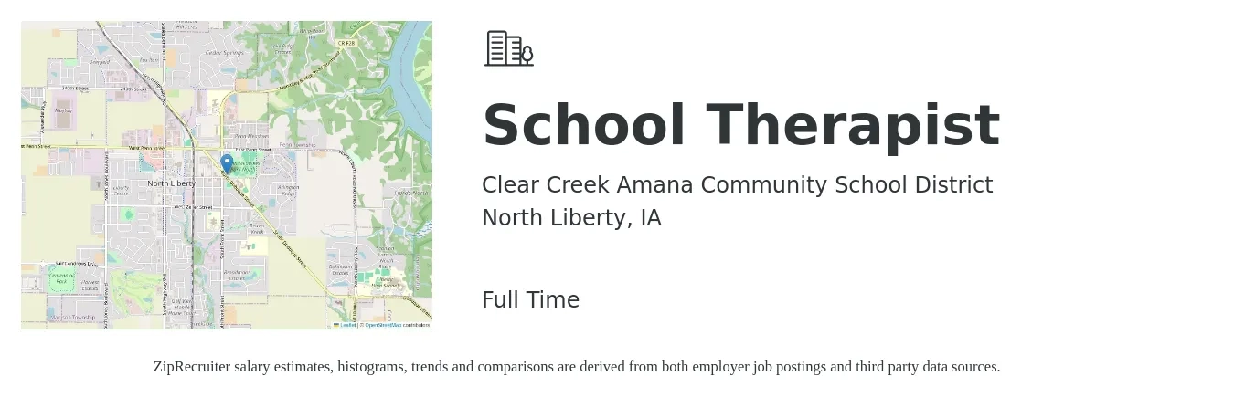 Clear Creek Amana Community School District job posting for a School Therapist in North Liberty, IA with a salary of $44,300 to $60,200 Yearly with a map of North Liberty location.