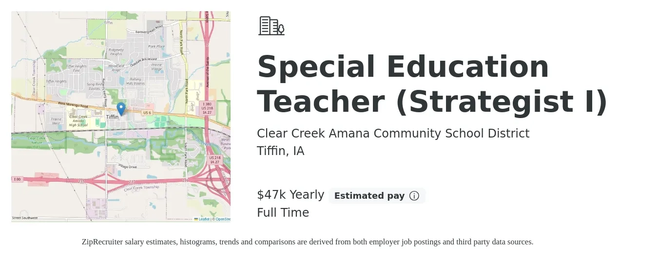 Clear Creek Amana Community School District job posting for a Special Education Teacher (Strategist I) in Tiffin, IA with a salary of $47,500 Yearly with a map of Tiffin location.