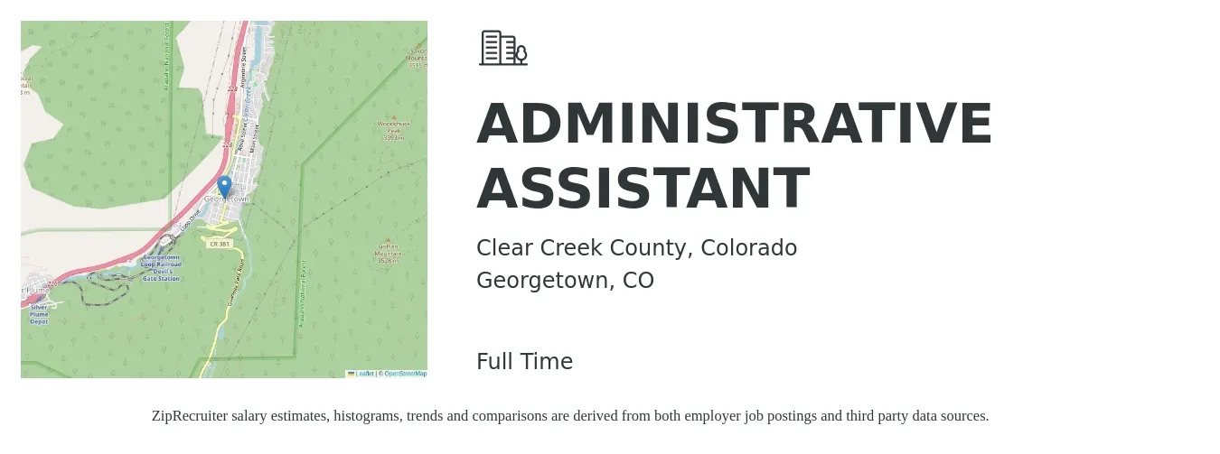 Clear Creek County, Colorado job posting for a ADMINISTRATIVE ASSISTANT in Georgetown, CO with a salary of $19 to $25 Hourly with a map of Georgetown location.