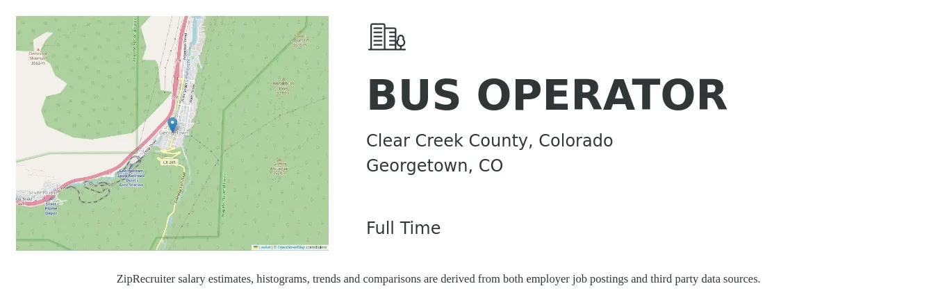 Clear Creek County, Colorado job posting for a BUS OPERATOR in Georgetown, CO with a salary of $21 to $27 Hourly with a map of Georgetown location.