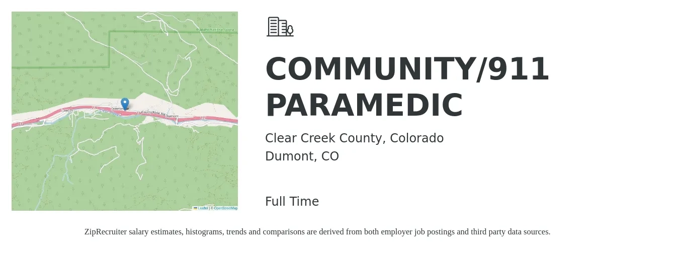 Clear Creek County, Colorado job posting for a COMMUNITY/911 PARAMEDIC in Dumont, CO with a salary of $22 to $30 Hourly with a map of Dumont location.