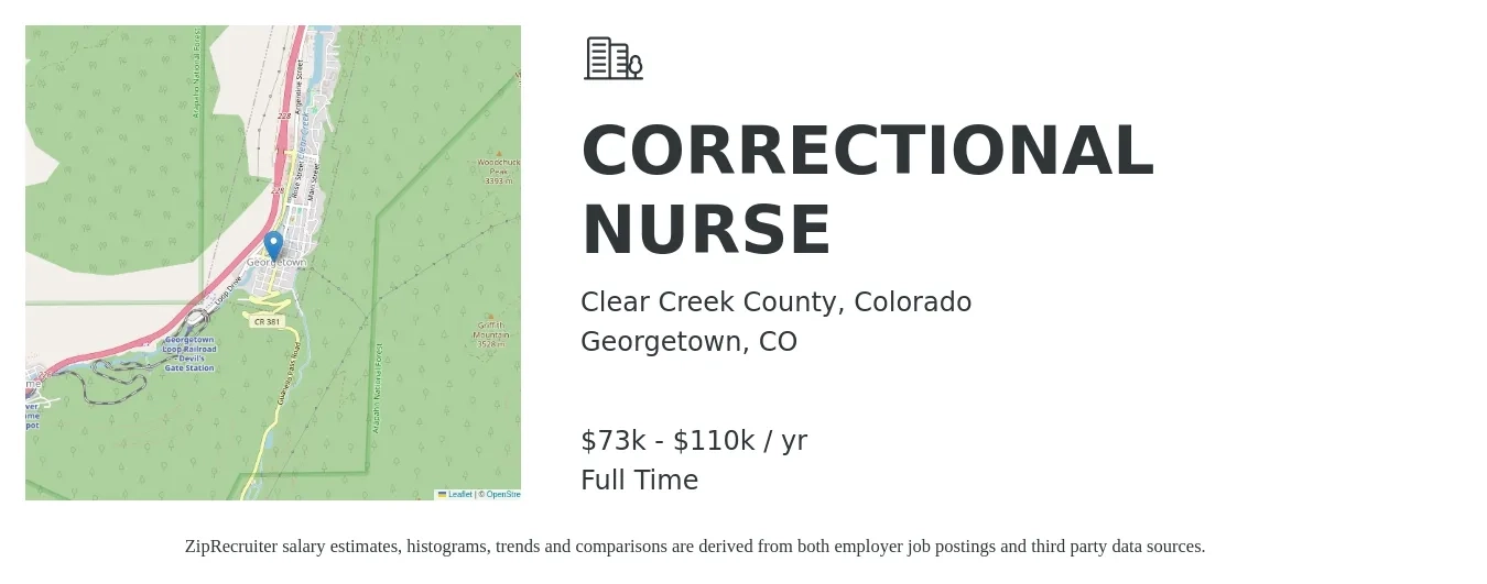 Clear Creek County, Colorado job posting for a CORRECTIONAL NURSE in Georgetown, CO with a salary of $73,600 to $110,299 Yearly with a map of Georgetown location.
