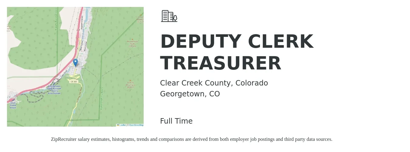 Clear Creek County, Colorado job posting for a DEPUTY CLERK TREASURER in Georgetown, CO with a salary of $47,600 to $113,400 Yearly with a map of Georgetown location.
