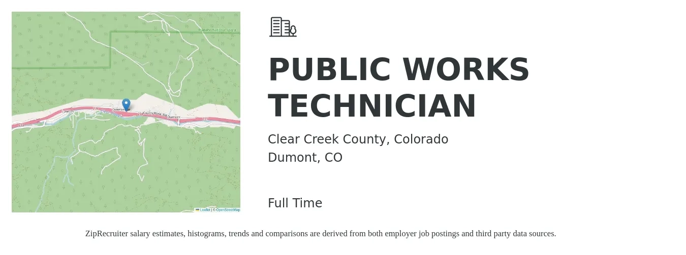Clear Creek County, Colorado job posting for a PUBLIC WORKS TECHNICIAN in Dumont, CO with a salary of $19 to $29 Hourly with a map of Dumont location.