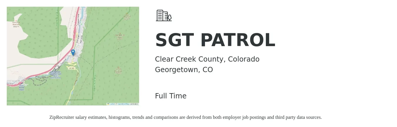 Clear Creek County, Colorado job posting for a SGT PATROL in Georgetown, CO with a salary of $23 to $35 Hourly with a map of Georgetown location.