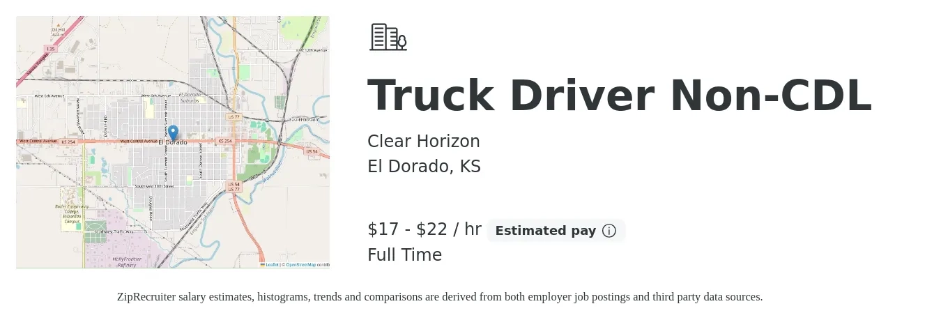 Clear Horizon job posting for a Truck Driver Non-CDL in El Dorado, KS with a salary of $18 to $23 Hourly and benefits including pto with a map of El Dorado location.