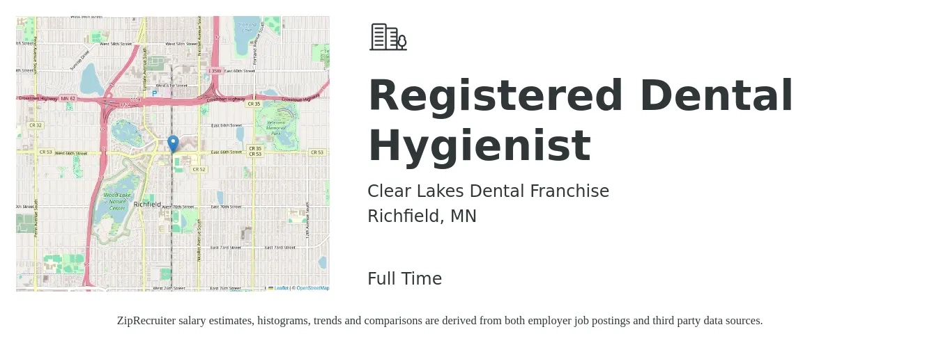 Clear Lakes Dental Franchise job posting for a Registered Dental Hygienist in Richfield, MN with a salary of $60 Daily with a map of Richfield location.
