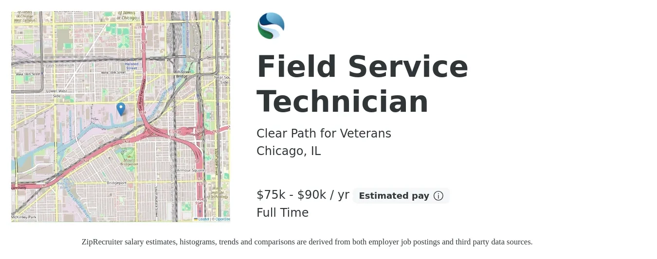 Clear Path for Veterans job posting for a Field Service Technician in Chicago, IL with a salary of $75,000 to $90,000 Yearly with a map of Chicago location.