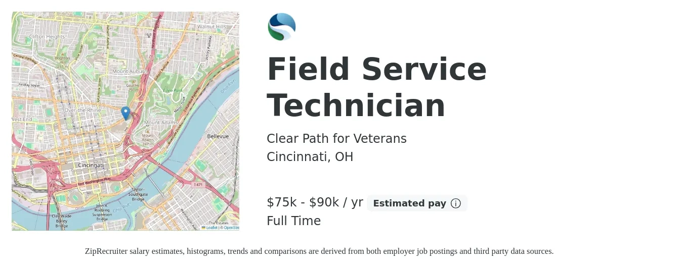 Clear Path for Veterans job posting for a Field Service Technician in Cincinnati, OH with a salary of $75,000 to $90,000 Yearly with a map of Cincinnati location.