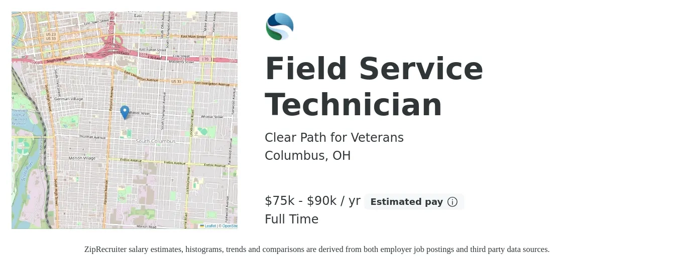 Clear Path for Veterans job posting for a Field Service Technician in Columbus, OH with a salary of $75,000 to $90,000 Yearly with a map of Columbus location.
