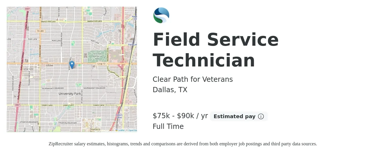 Clear Path for Veterans job posting for a Field Service Technician in Dallas, TX with a salary of $75,000 to $90,000 Yearly with a map of Dallas location.