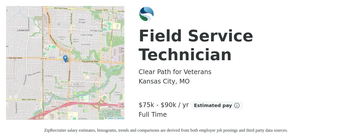 Clear Path for Veterans job posting for a Field Service Technician in Kansas City, MO with a salary of $75,000 to $90,000 Yearly with a map of Kansas City location.