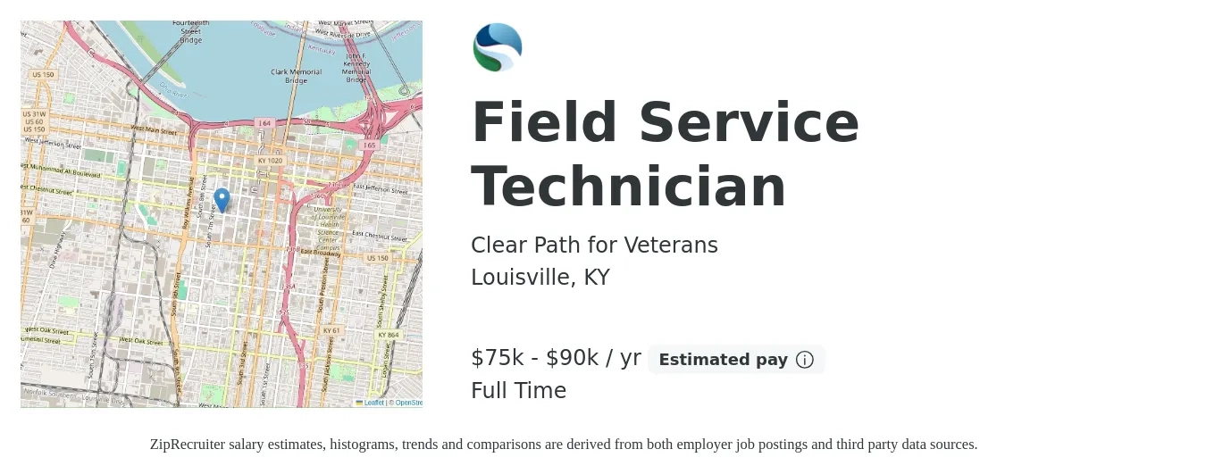Clear Path for Veterans job posting for a Field Service Technician in Louisville, KY with a salary of $75,000 to $90,000 Yearly with a map of Louisville location.