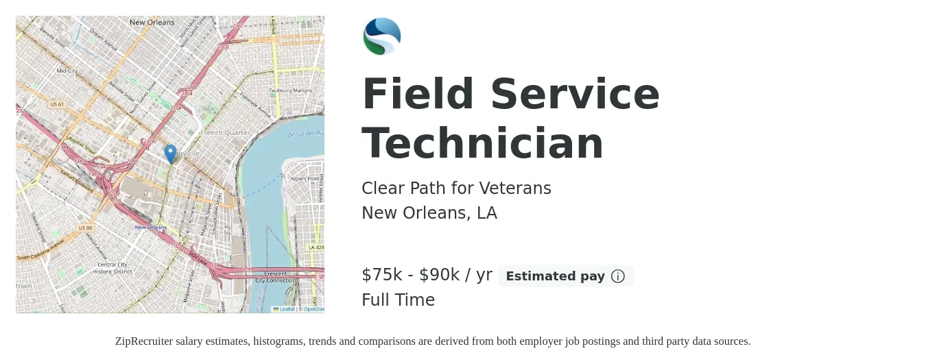 Clear Path for Veterans job posting for a Field Service Technician in New Orleans, LA with a salary of $75,000 to $90,000 Yearly with a map of New Orleans location.
