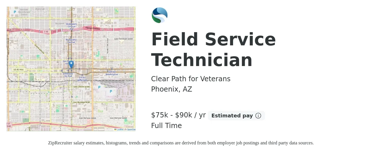 Clear Path for Veterans job posting for a Field Service Technician in Phoenix, AZ with a salary of $75,000 to $90,000 Yearly with a map of Phoenix location.