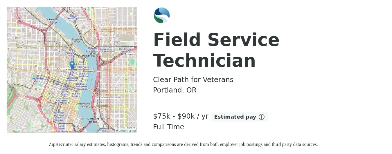Clear Path for Veterans job posting for a Field Service Technician in Portland, OR with a salary of $75,000 to $90,000 Yearly with a map of Portland location.