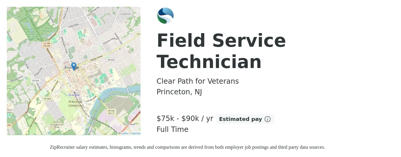 Clear Path for Veterans job posting for a Field Service Technician in Princeton, NJ with a salary of $75,000 to $90,000 Yearly with a map of Princeton location.