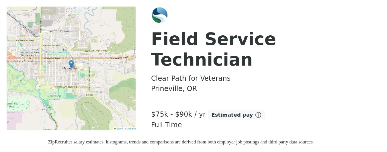 Clear Path for Veterans job posting for a Field Service Technician in Prineville, OR with a salary of $75,000 to $90,000 Yearly with a map of Prineville location.