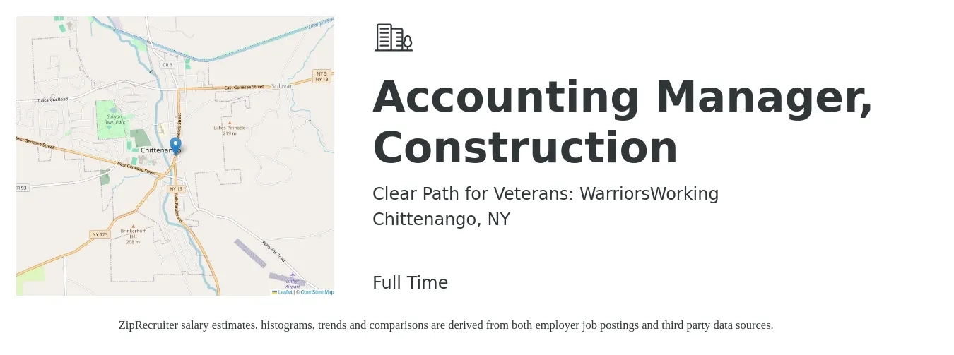 Clear Path for Veterans: WarriorsWorking job posting for a Accounting Manager, Construction in Chittenango, NY with a salary of $74,700 to $107,300 Yearly with a map of Chittenango location.