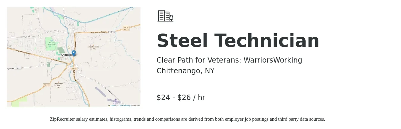 Clear Path for Veterans: WarriorsWorking job posting for a Steel Technician in Chittenango, NY with a salary of $25 to $28 Hourly with a map of Chittenango location.
