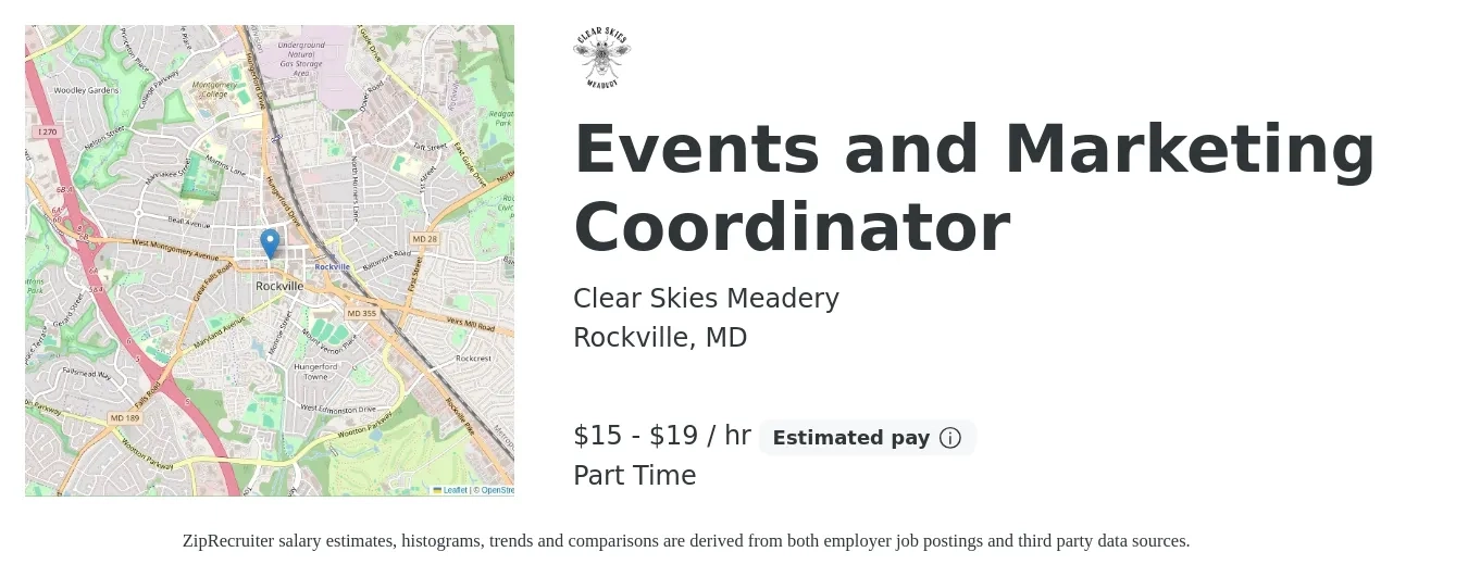 Clear Skies Meadery job posting for a Events and Marketing Coordinator in Rockville, MD with a salary of $16 to $20 Hourly (plus commission) with a map of Rockville location.