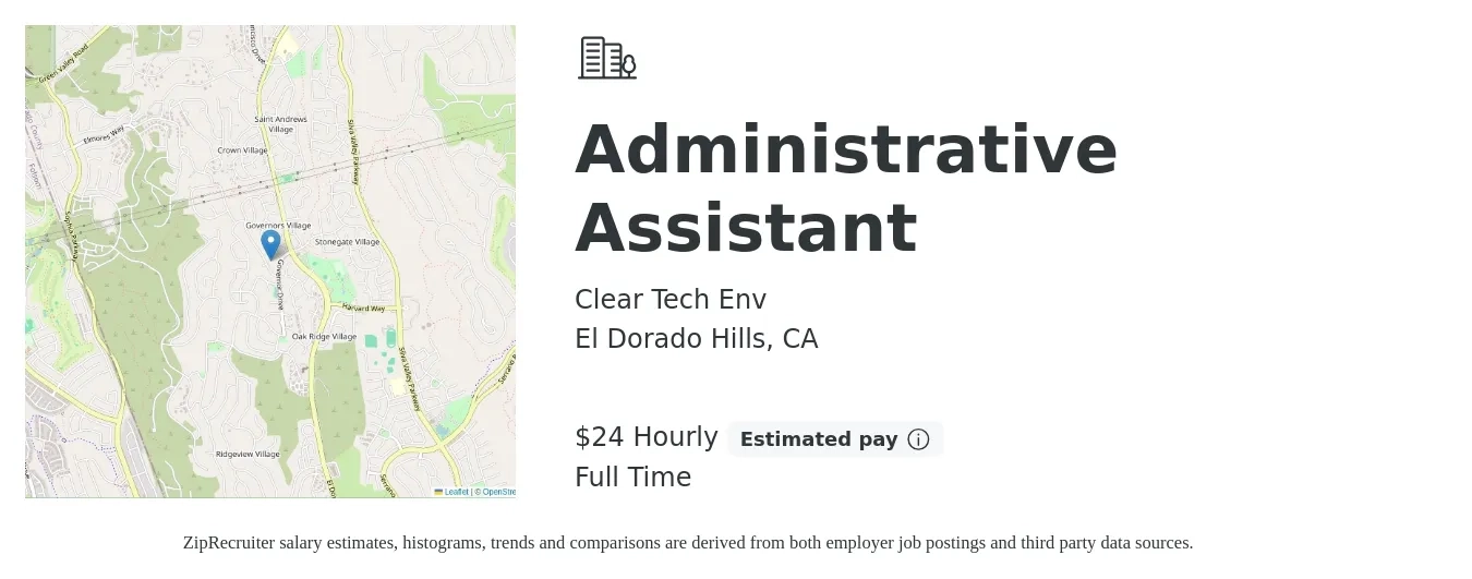 Clear Tech Env job posting for a Administrative Assistant in El Dorado Hills, CA with a salary of $25 Hourly with a map of El Dorado Hills location.