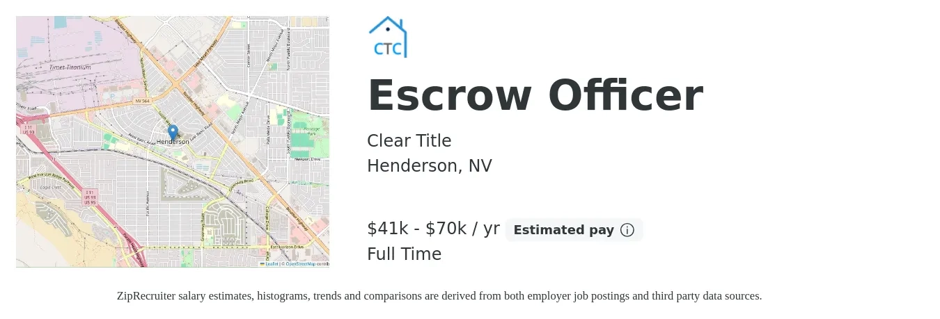 Clear Title job posting for a Escrow Officer in Henderson, NV with a salary of $70,000 Yearly with a map of Henderson location.