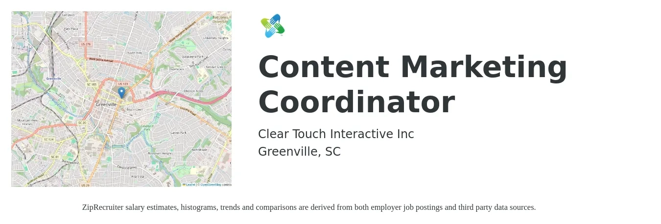 Clear Touch Interactive Inc job posting for a Content Marketing Coordinator in Greenville, SC with a salary of $43,300 to $54,500 Yearly and benefits including vision, dental, life_insurance, medical, pto, and retirement with a map of Greenville location.