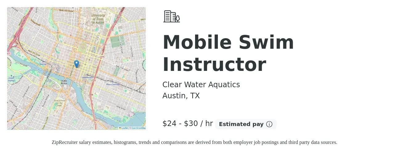 Clear Water Aquatics job posting for a Mobile Swim Instructor in Austin, TX with a salary of $25 to $32 Hourly with a map of Austin location.