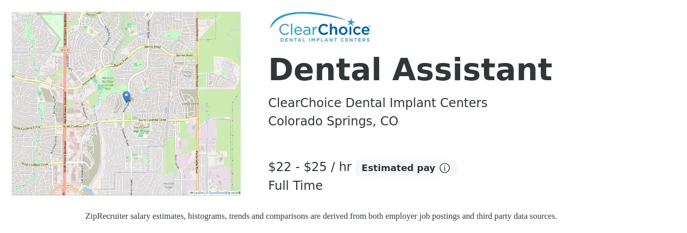 ClearChoice Dental Implant Centers job posting for a Dental Assistant in Colorado Springs, CO with a salary of $23 to $26 Hourly with a map of Colorado Springs location.
