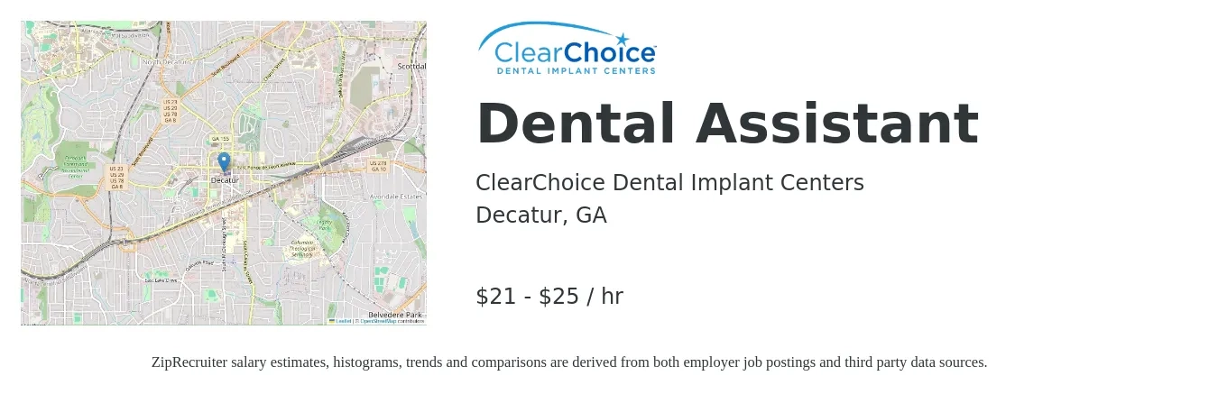 ClearChoice Dental Implant Centers job posting for a Dental Assistant in Decatur, GA with a salary of $22 to $26 Hourly with a map of Decatur location.