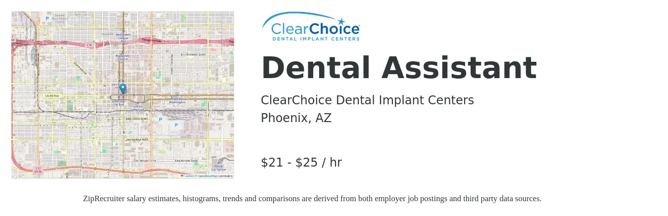 ClearChoice Dental Implant Centers job posting for a Dental Assistant in Phoenix, AZ with a salary of $22 to $26 Hourly with a map of Phoenix location.