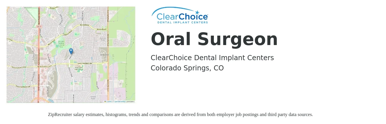 ClearChoice Dental Implant Centers job posting for a Oral Surgeon in Colorado Springs, CO with a salary of $299,100 to $394,900 Yearly with a map of Colorado Springs location.
