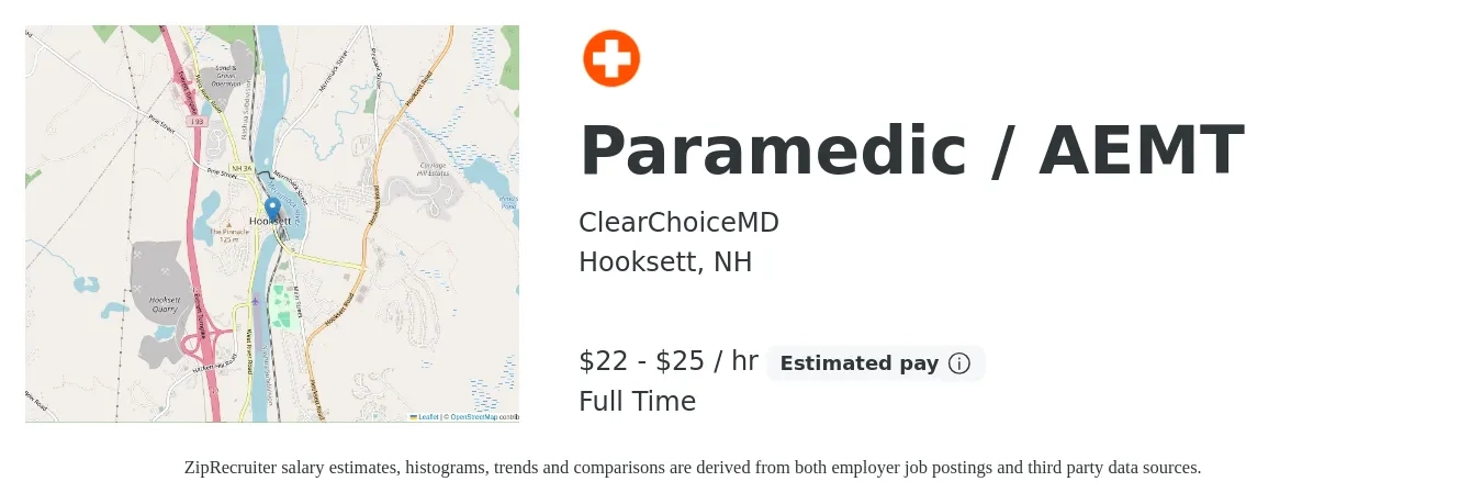 ClearChoiceMD job posting for a Paramedic / AEMT in Hooksett, NH with a salary of $23 to $27 Hourly with a map of Hooksett location.