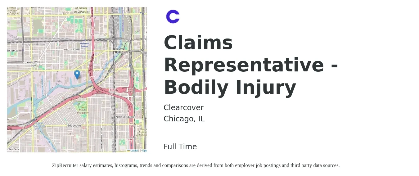 Clearcover job posting for a Claims Representative - Bodily Injury in Chicago, IL with a salary of $20 to $29 Hourly with a map of Chicago location.