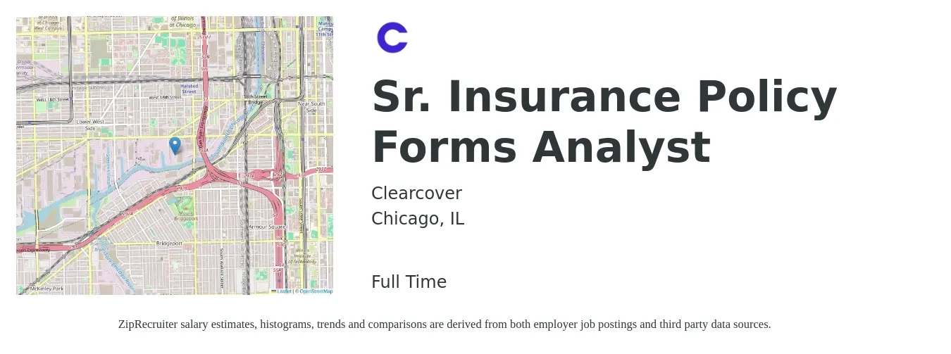 Clearcover job posting for a Sr. Insurance Policy Forms Analyst in Chicago, IL with a salary of $90,700 to $120,000 Yearly with a map of Chicago location.