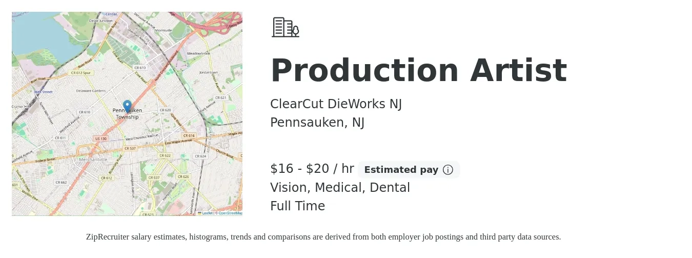 ClearCut DieWorks NJ job posting for a Production Artist in Pennsauken, NJ with a salary of $17 to $21 Hourly and benefits including pto, retirement, vision, dental, life_insurance, and medical with a map of Pennsauken location.