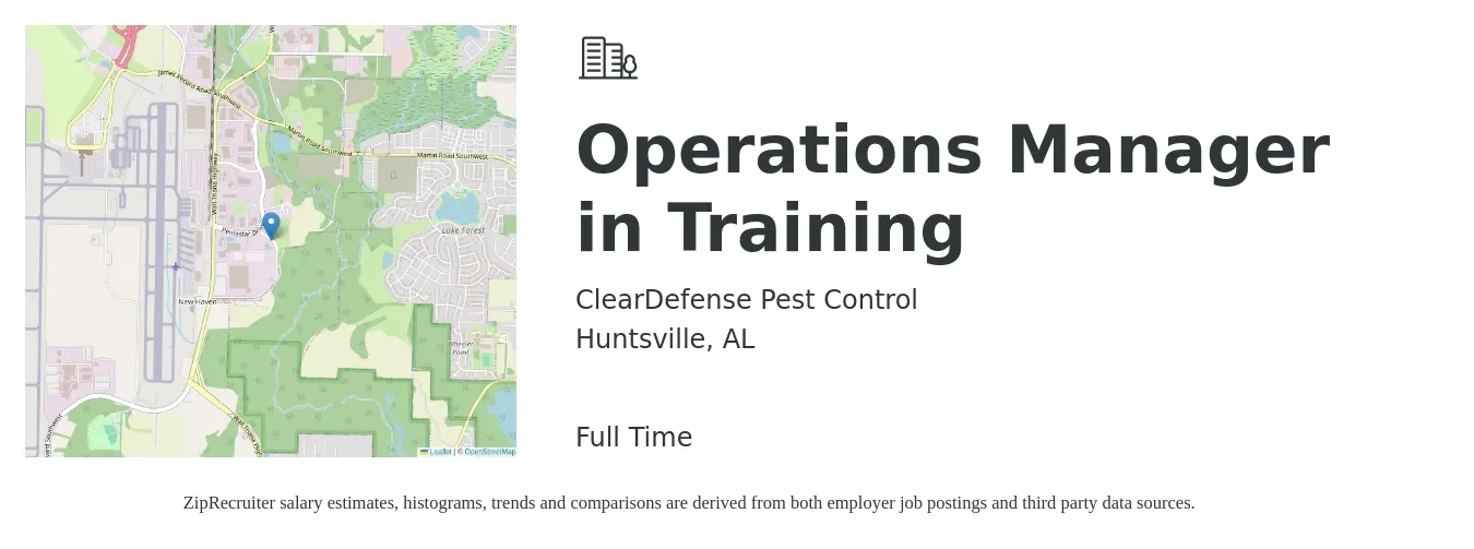 ClearDefense Pest Control job posting for a Operations Manager in Training in Huntsville, AL with a salary of $41,200 to $77,900 Yearly with a map of Huntsville location.