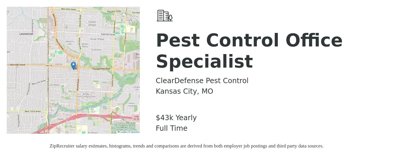 ClearDefense Pest Control job posting for a Pest Control Office Specialist in Kansas City, MO with a salary of $43,000 Yearly with a map of Kansas City location.