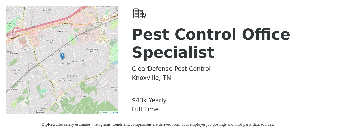 ClearDefense Pest Control job posting for a Pest Control Office Specialist in Knoxville, TN with a salary of $43,000 Yearly with a map of Knoxville location.
